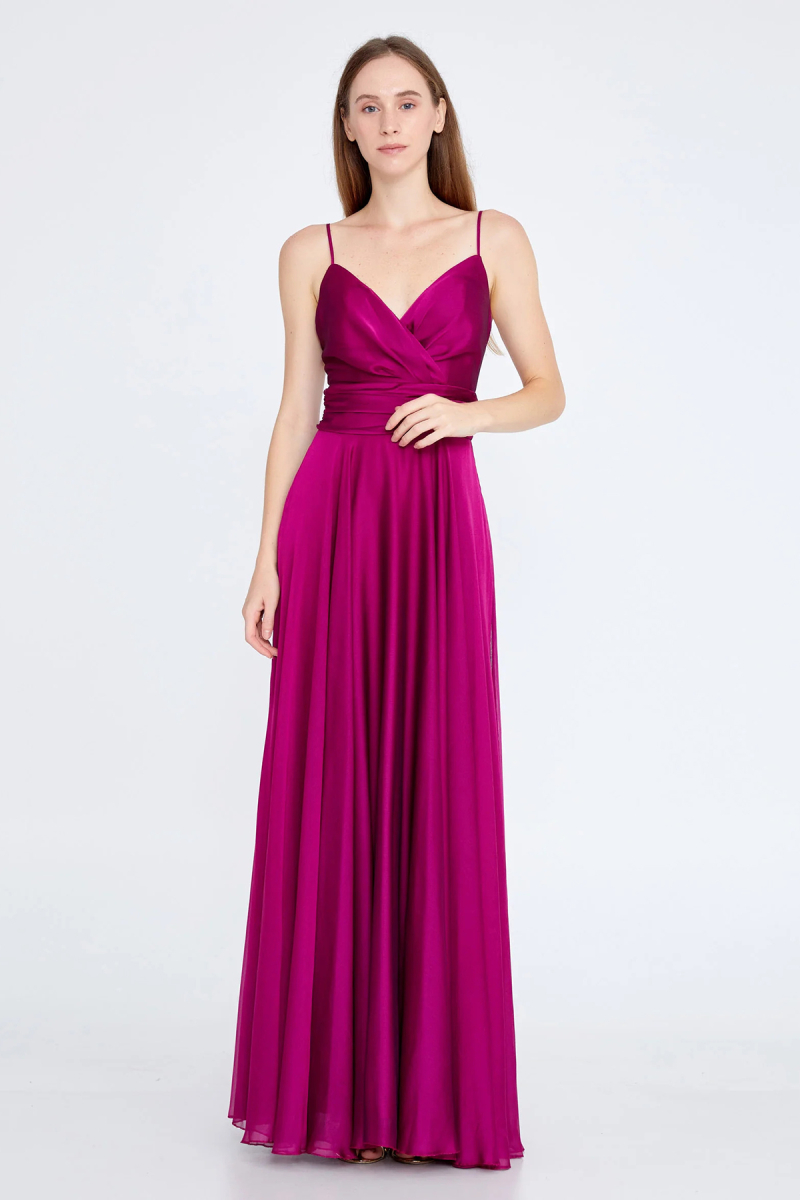 Doridorca Kadın Askılı Sırt Detaylı Uzun Abiye Elbise 5922022 Fuşya Fuşya