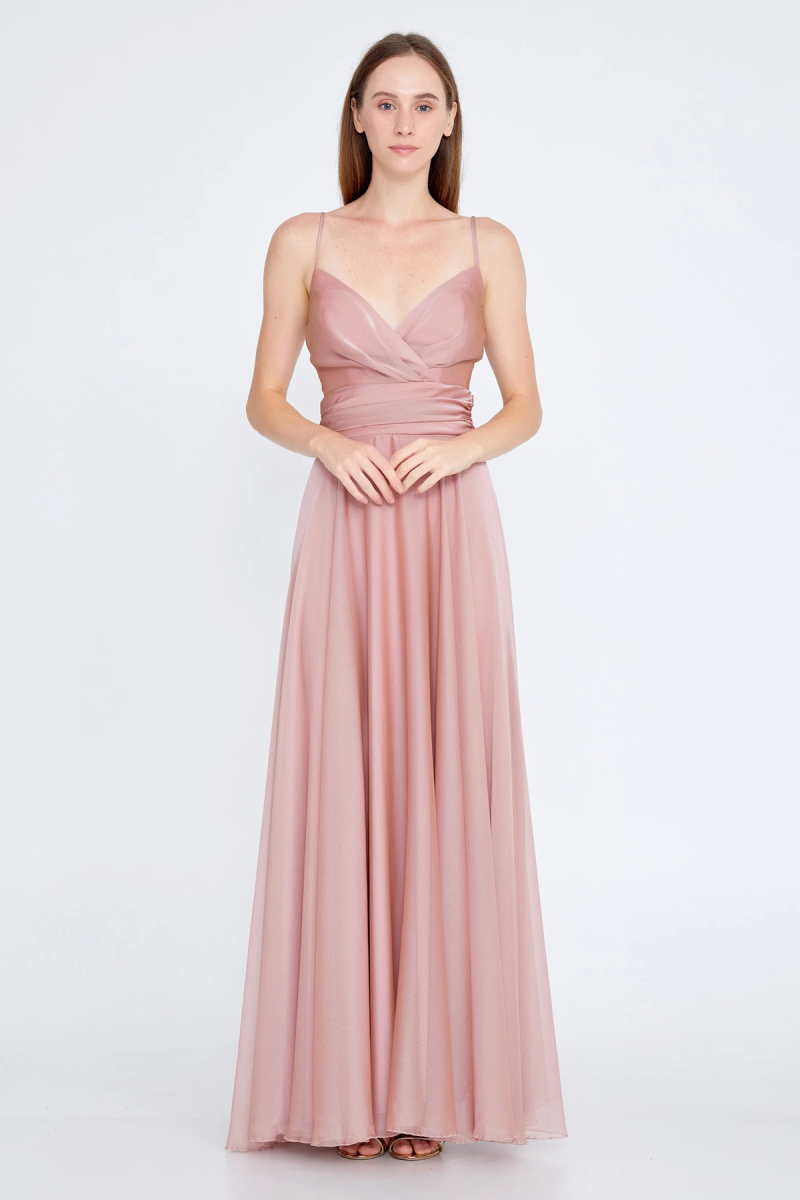 Doridorca Kadın Askılı Sırt Detaylı Uzun Abiye Elbise 5922022 Pudra Pudra