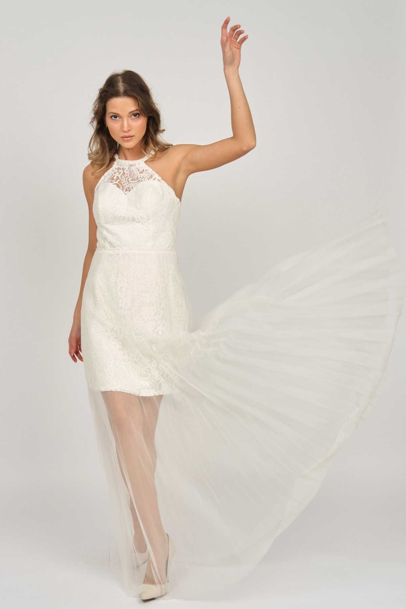 Doridorca Kadın Boyundan Bağlamalı Abiye Elbise 5928098 Kemik KEMİK