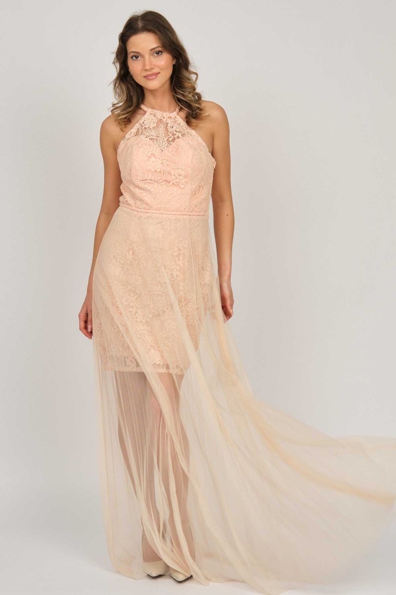 Doridorca Kadın Boyundan Bağlamalı Abiye Elbise 5928098 Somon Somon