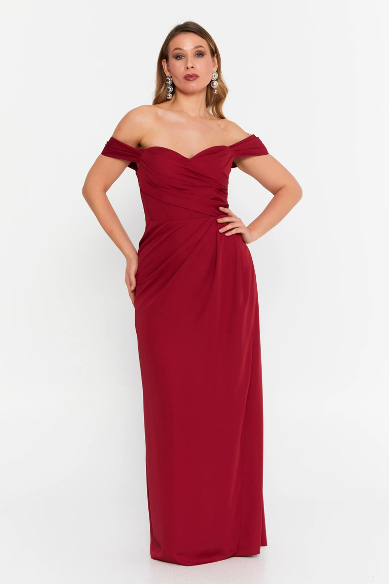 Doridorca Kadın Büyük Beden Kalp Yaka Krep Kumaş Uzun Abiye Elbise 6062 Bordo Bordo