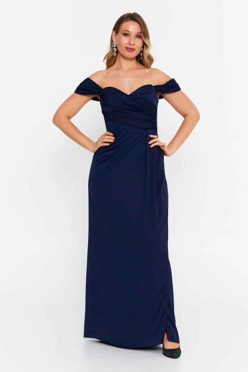 Doridorca Kadın Büyük Beden Kalp Yaka Krep Kumaş Uzun Abiye Elbise 6062 Lacivert Lacivert