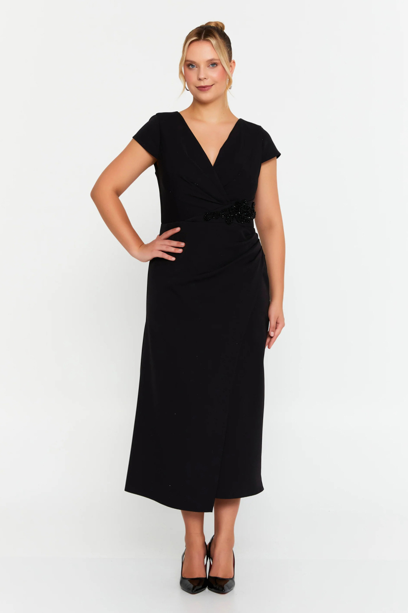 Doridorca Kadın Büyük Beden Kruvaze Beli Taş Detaylı Kısa Kol Midi Abiye Elbise 7023 Siyah Siyah
