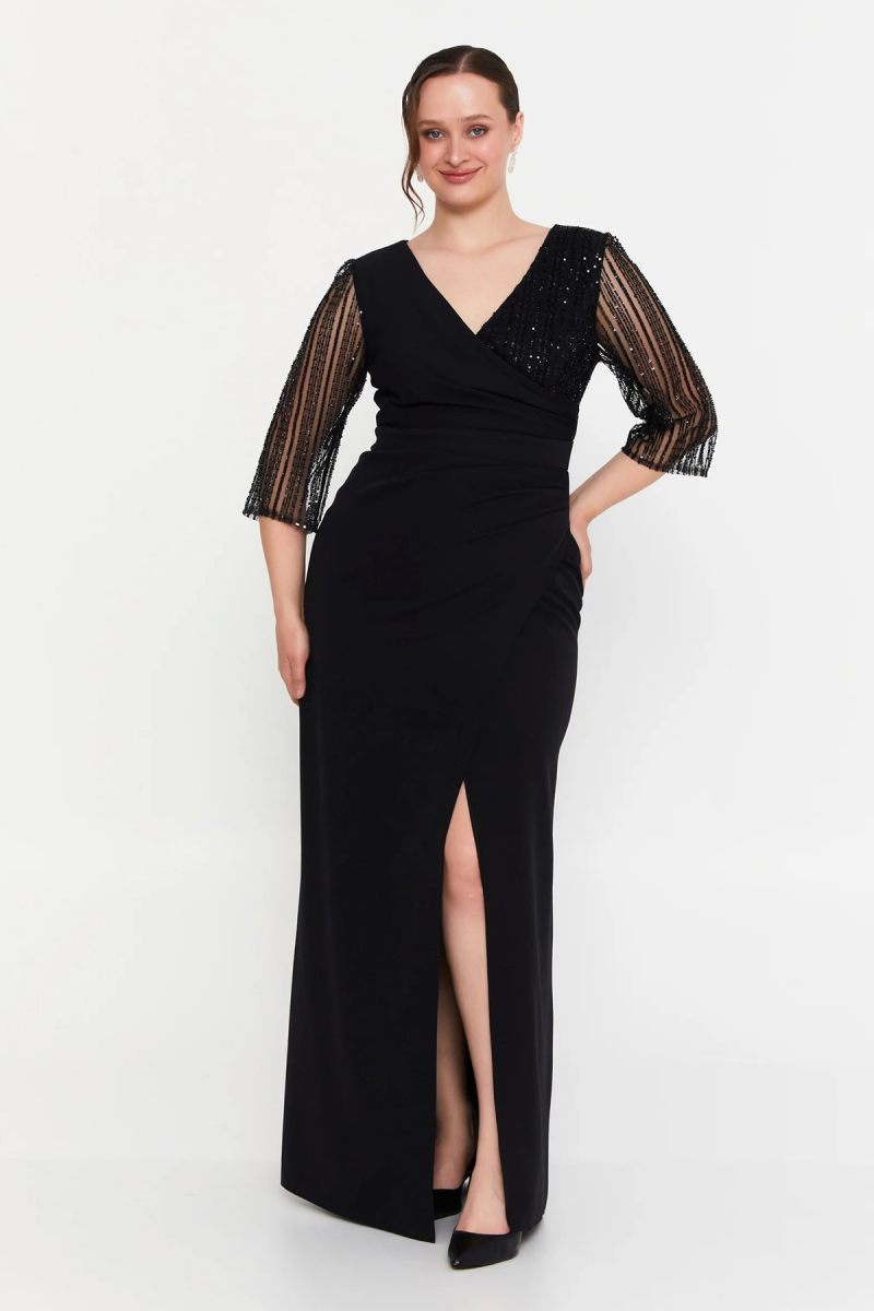 Doridorca Kadın Büyük Beden Kruvaze Kolları Taşlı Uzun Abiye Elbise 7019 Siyah Siyah