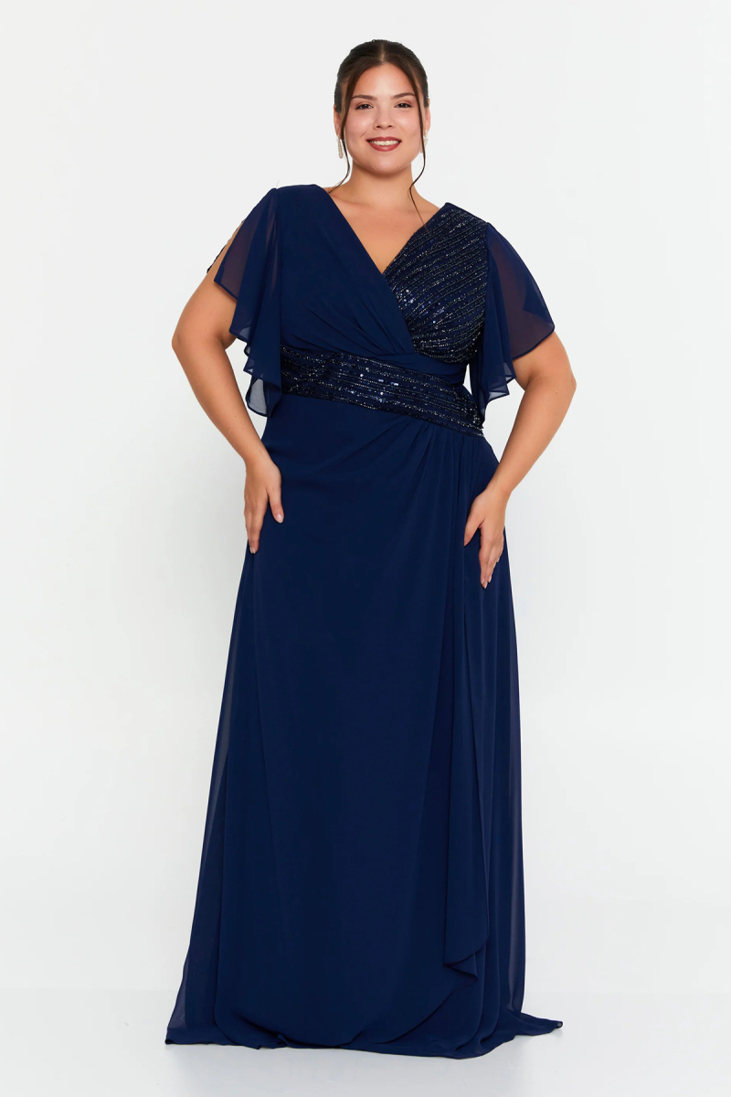 Doridorca Kadın Büyük Beden Kruvaze Yaka Şifon Uzun Abiye Elbise 7038 Lacivert Lacivert