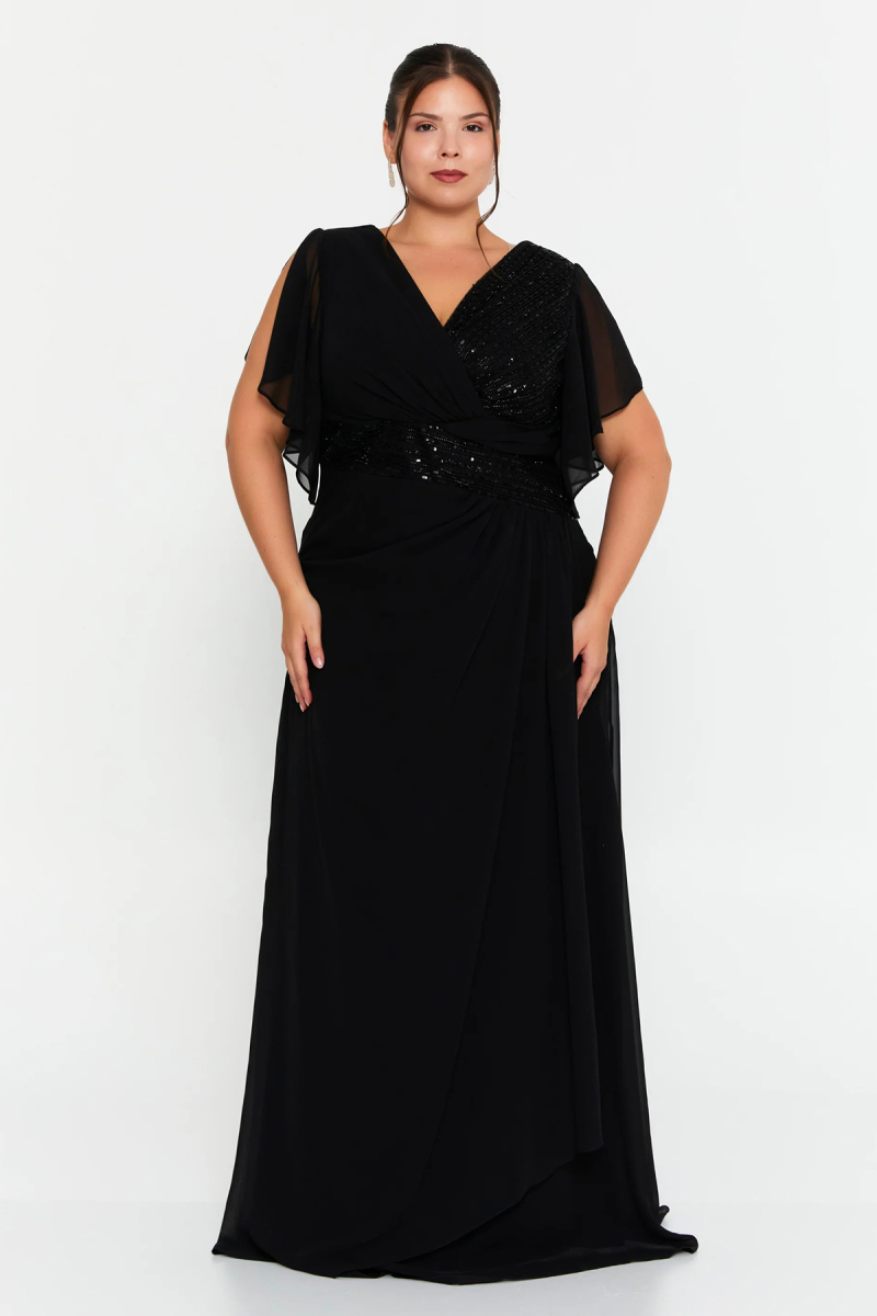 Doridorca Kadın Büyük Beden Kruvaze Yaka Şifon Uzun Abiye Elbise 7038 Siyah Siyah