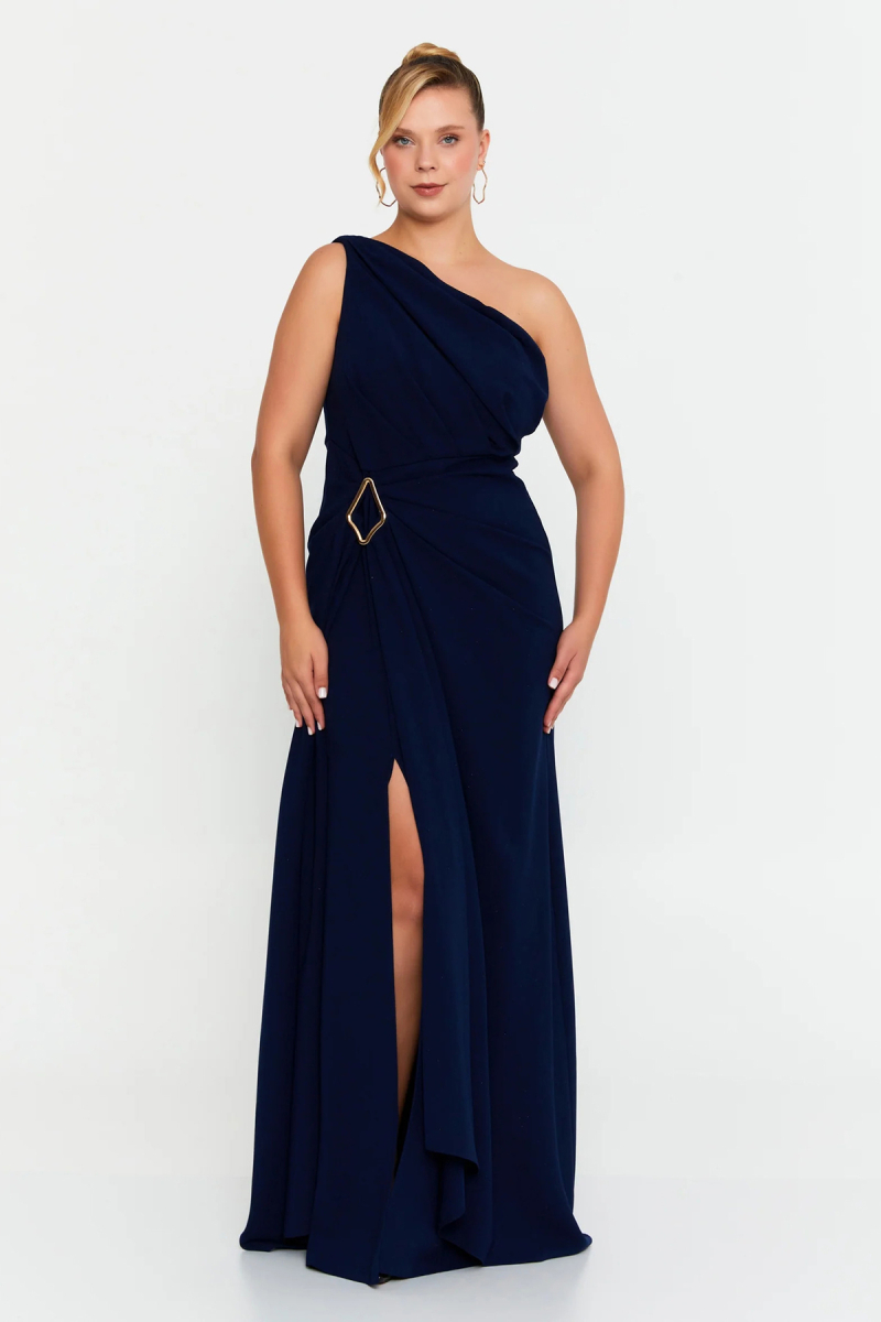 Doridorca Kadın Büyük Beden Tek Omuz Detaylı Derin Yırtmaçlı Abiye Elbise 7132 Lacivert Lacivert