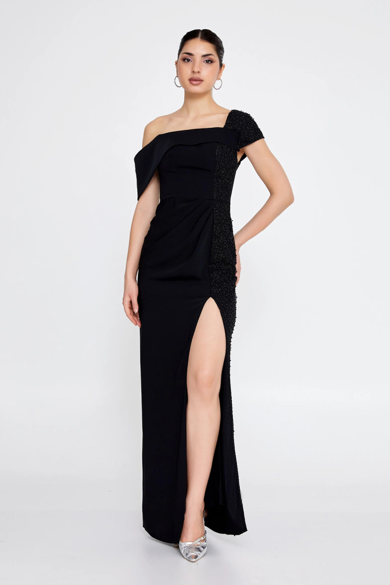 Doridorca Kadın Büyük Beden Tek Omuz Detaylı Derin Yırtmaçlı Uzun Abiye Elbise 6103 Siyah Siyah