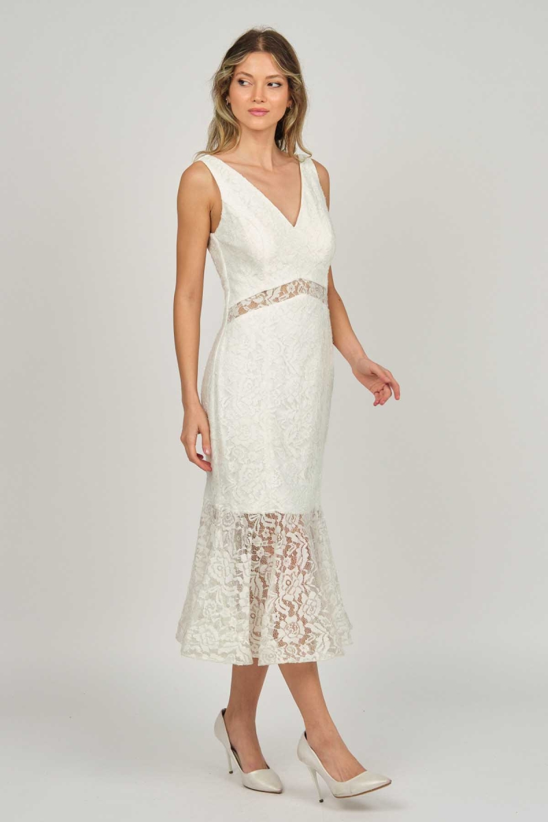 Doridorca Kadın Dantel Detaylı Midi Boy Abiye Elbise 5921033 Kemik KEMİK