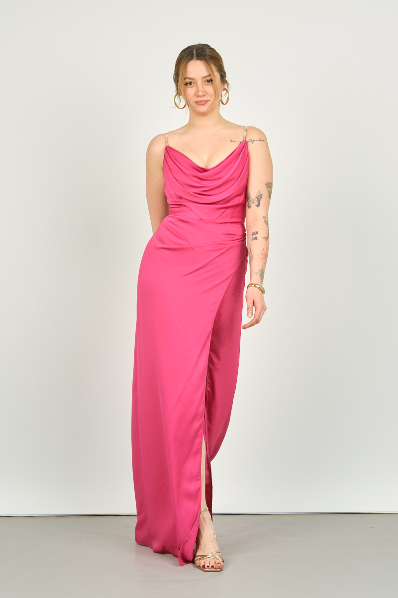 Doridorca Kadın Degaje Yaka Abiye Elbise 4116 Fuşya Fuşya