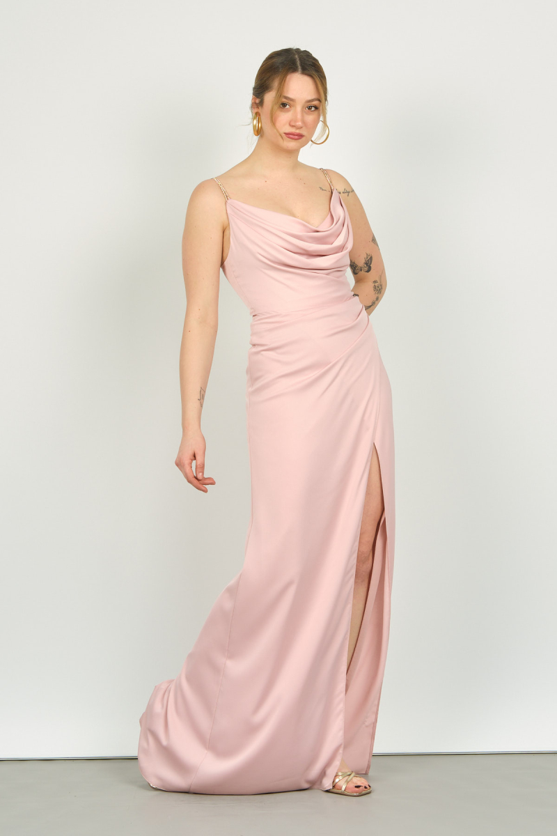 Doridorca Kadın Degaje Yaka Abiye Elbise 4116 Pudra Pudra