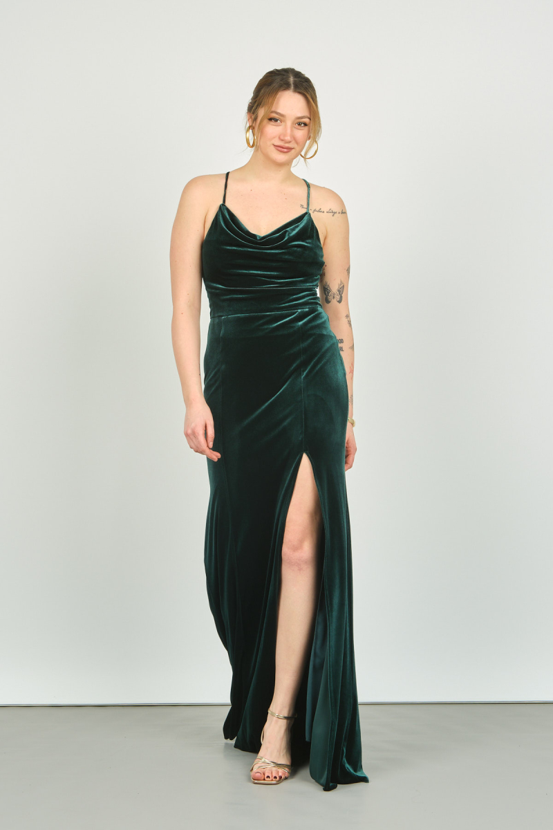 Doridorca Kadın Degaje Yaka Sırt Detaylı Kadife Abiye Elbise 3103 Yeşil Yeşil