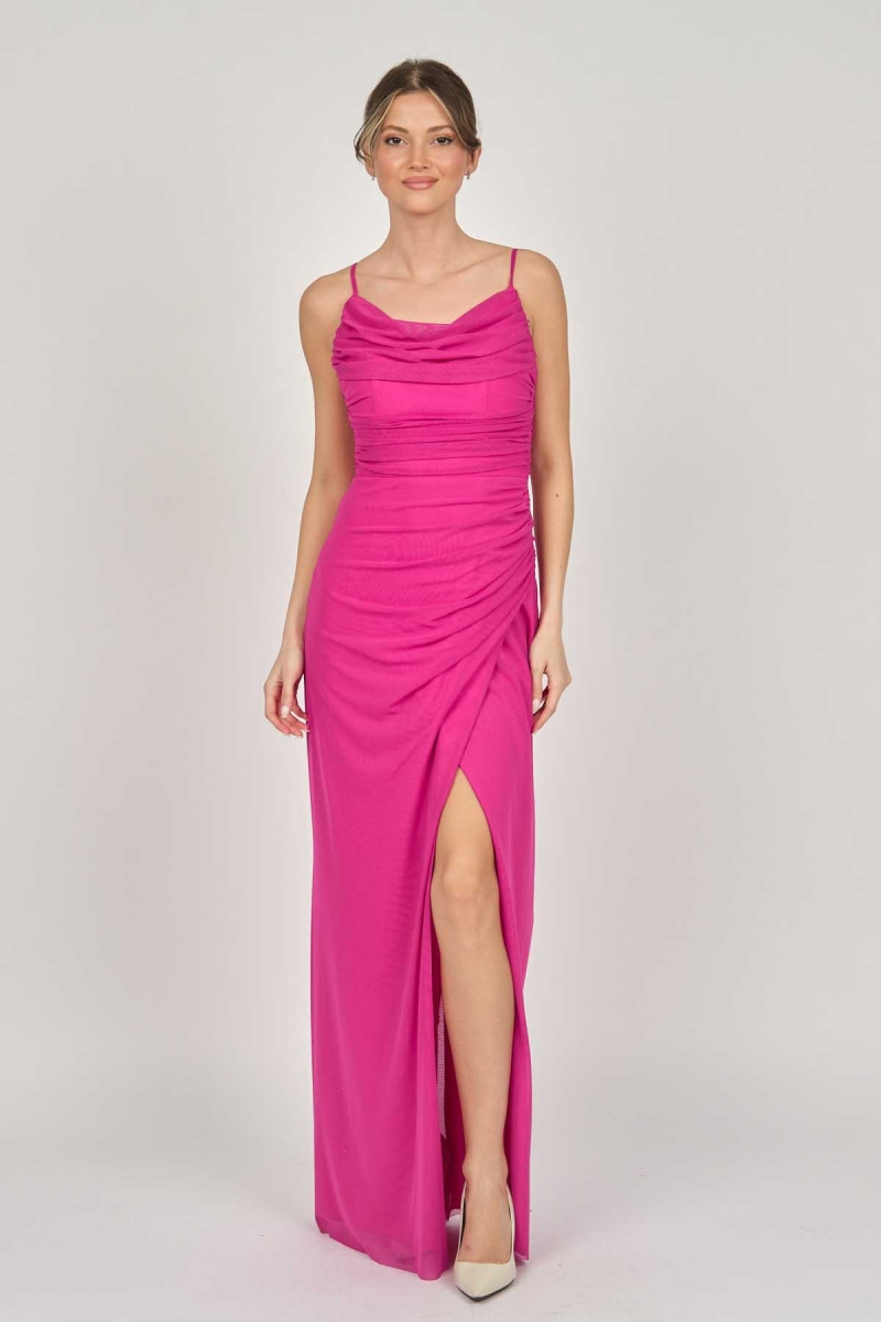 Doridorca Kadın Drapeli Askılı Abiye Elbise 5924058 Fuşya Fuşya