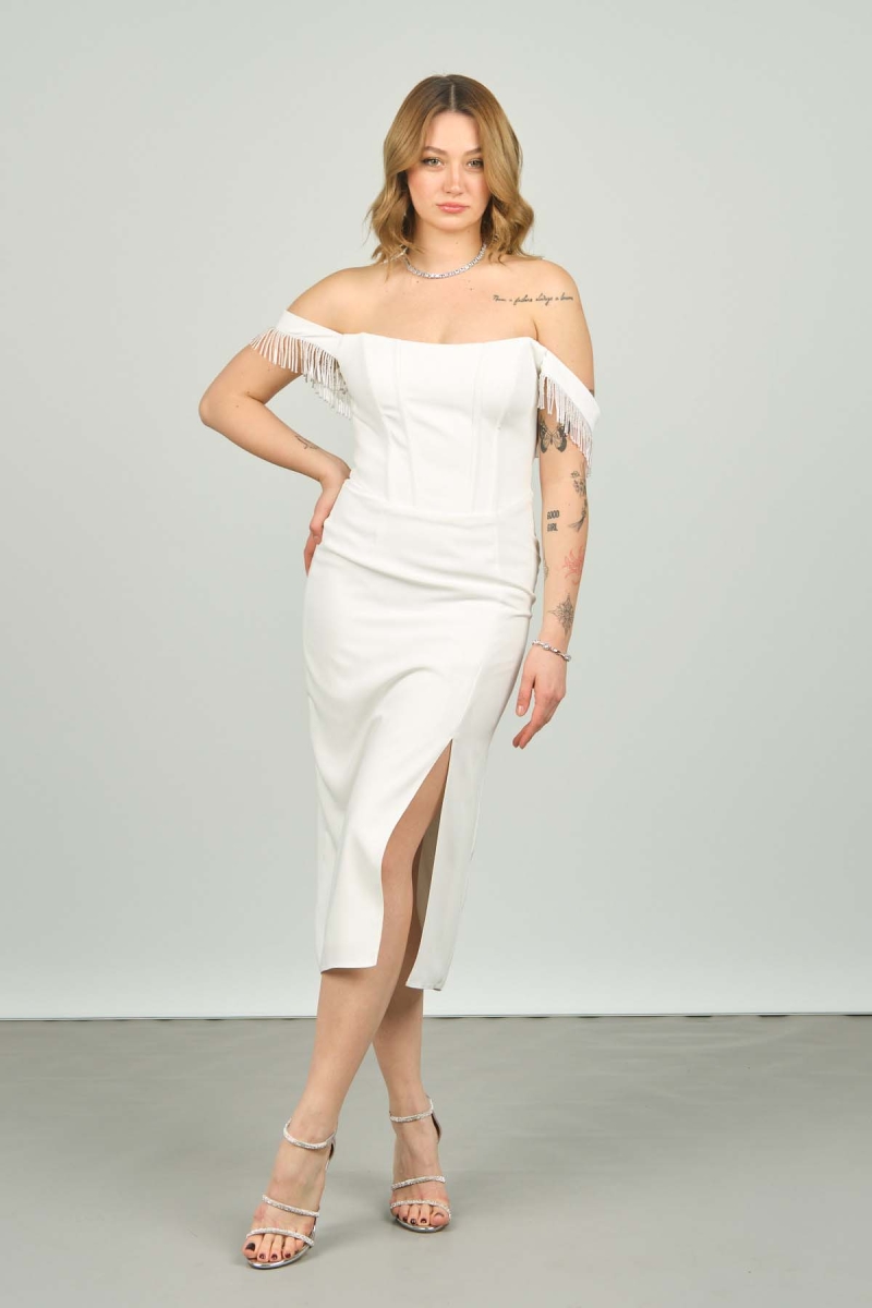 Doridorca Kadın Düşük Omuz Midi Boy Abiye Elbise 5130 Beyaz Beyaz