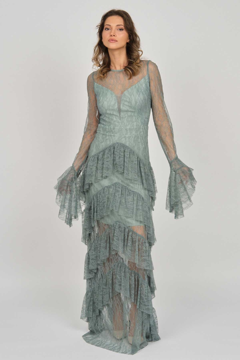 Doridorca Kadın Fırfır Detaylı Abiye Elbise 5921085 Limon Küfü Limon Küfü