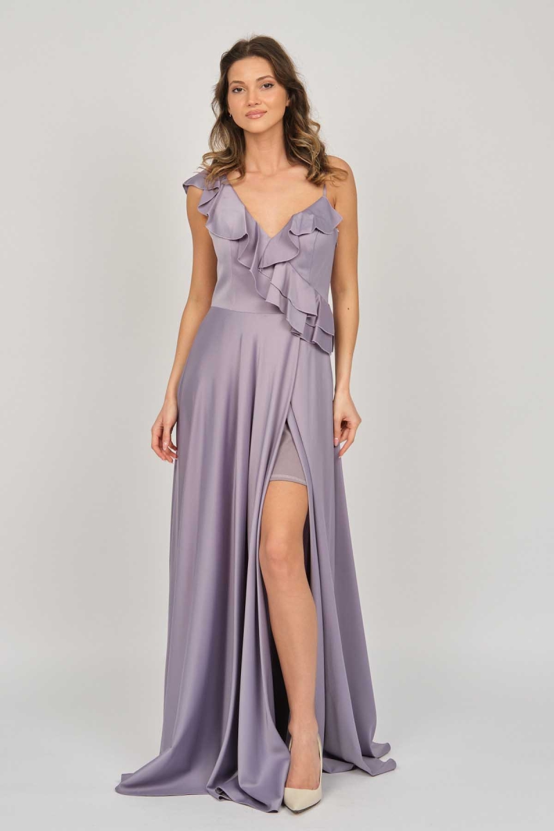Doridorca Kadın Fırfır Detaylı Saten Abiye Elbise 5921180 Lila Lila