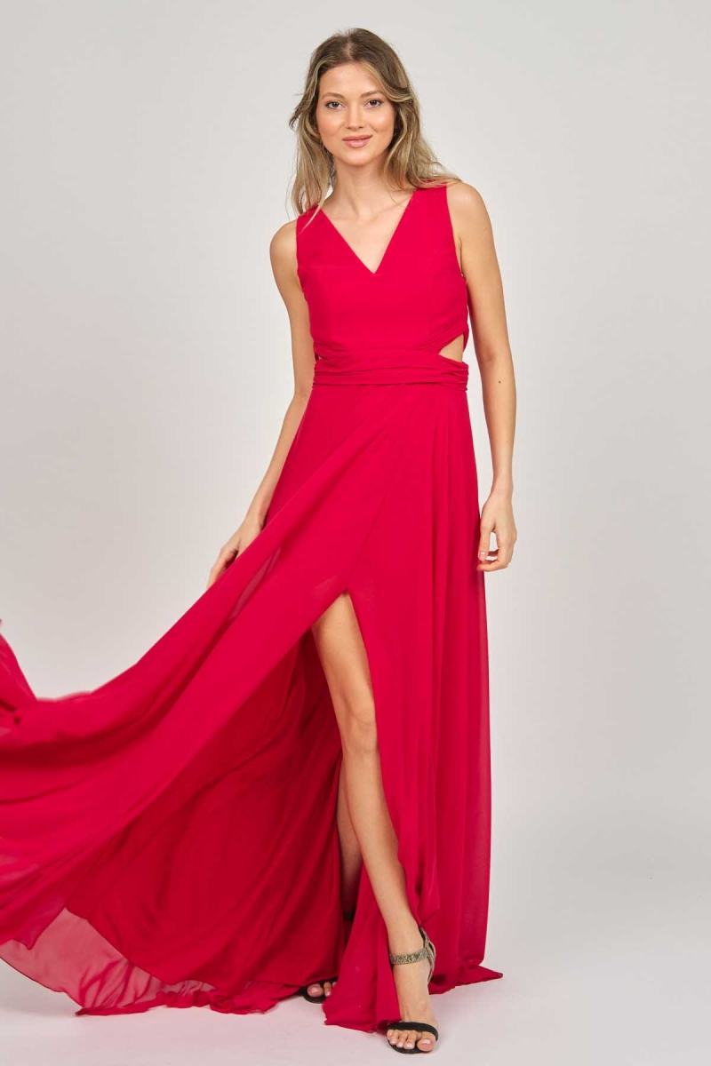 Doridorca Kadın Geniş Askılı Şifon Abiye Elbise 5922058 Kırmızı Kırmızı