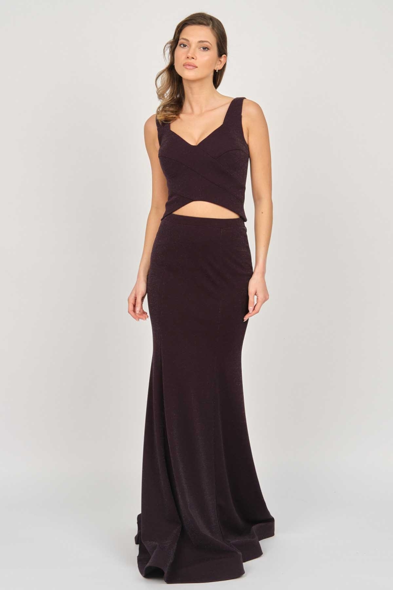 Doridorca Kadın İki Parça Simli Uzun Abiye Elbise 5929049 Mor Mor