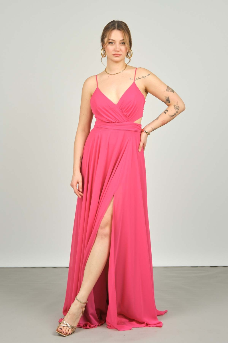Doridorca Kadın İp Askılı Sırt Detaylı Uzun Abiye Elbise 4121 Fuşya Fuşya