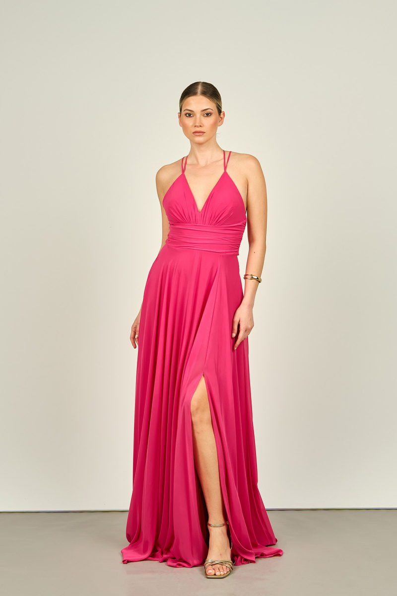 Doridorca Kadın İp Askılı Sırt Detaylı Uzun Abiye Elbise 5046 Fuşya Fuşya