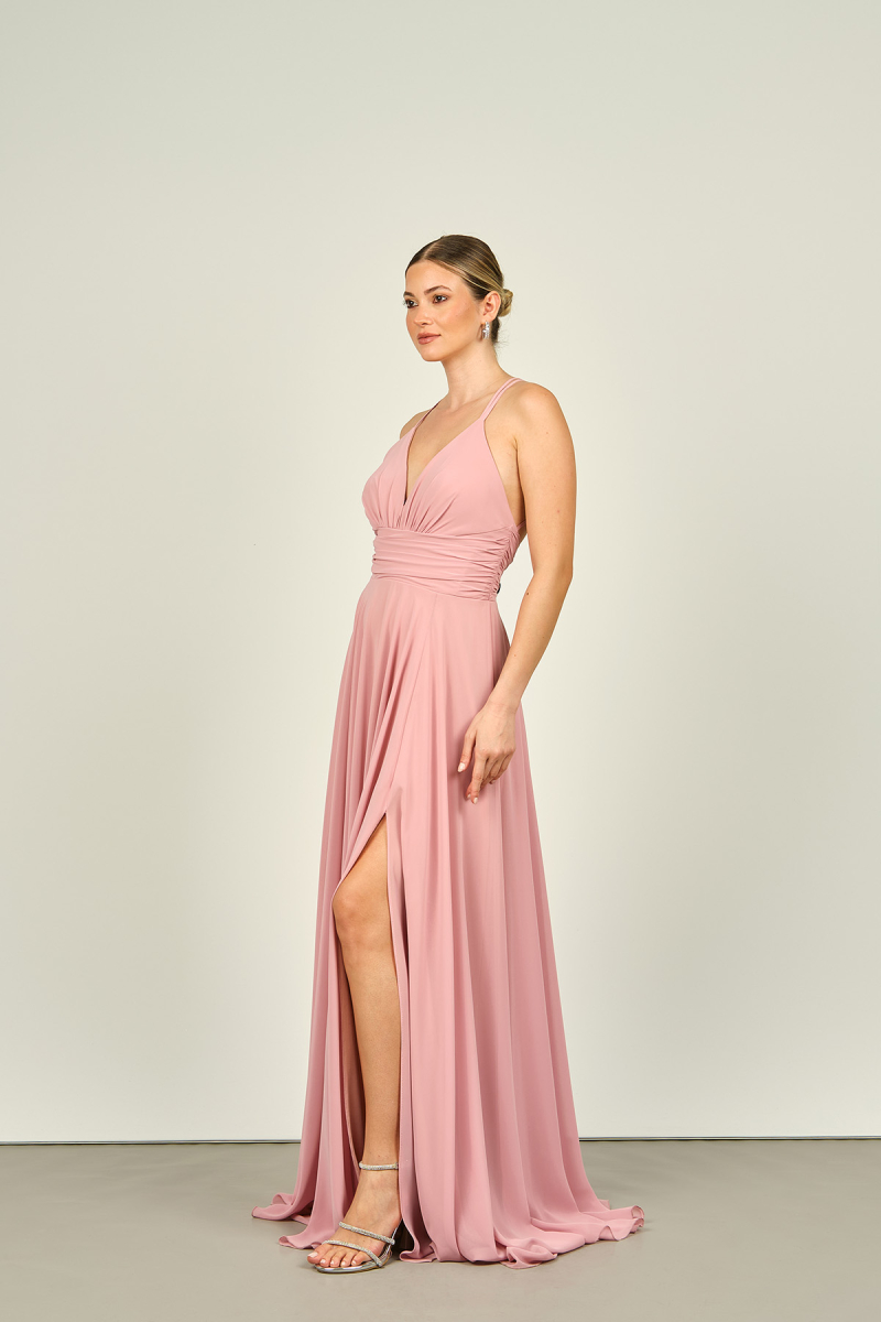 Doridorca Kadın İp Askılı Sırt Detaylı Uzun Abiye Elbise 5046 Pudra Pudra