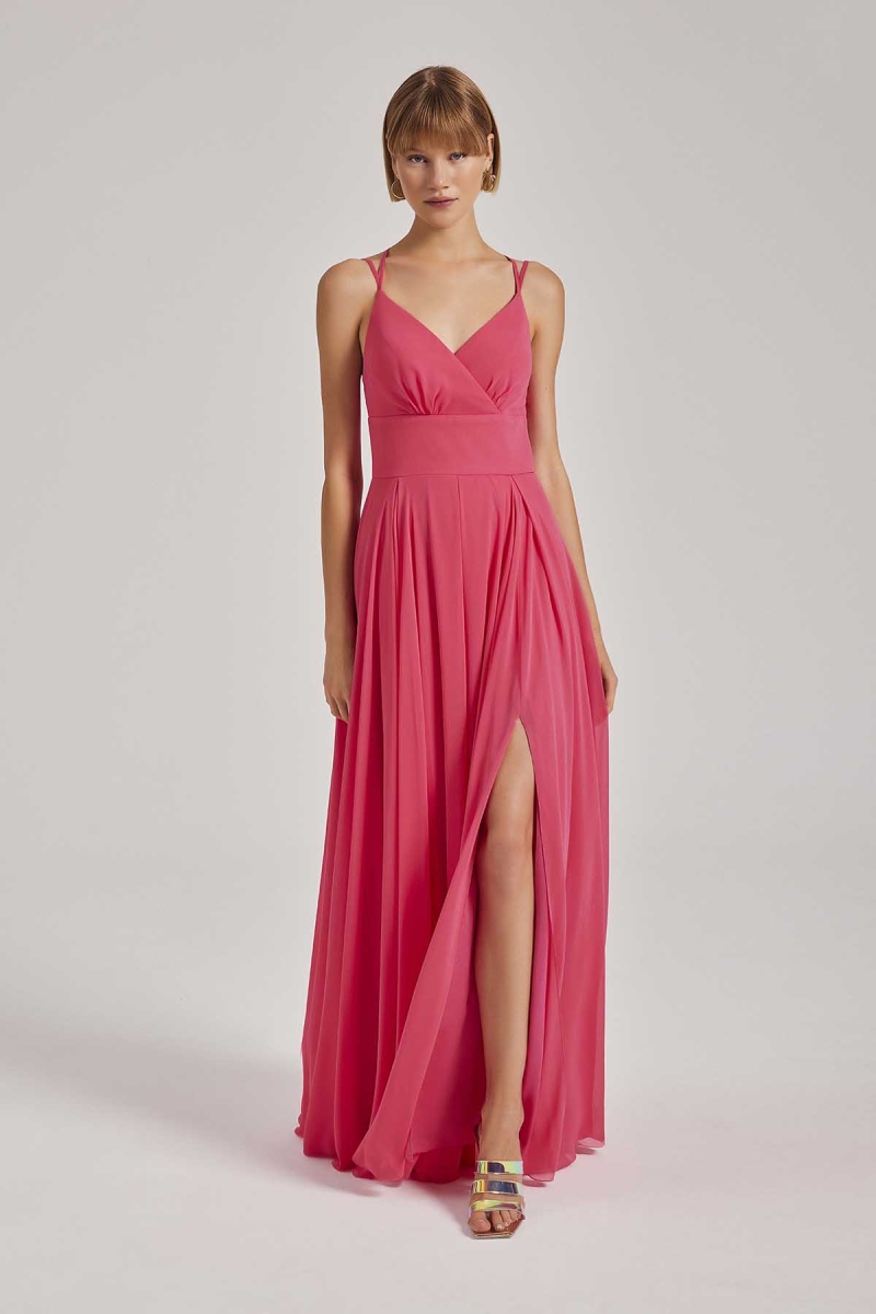 Doridorca Kadın İp Askılı Uzun Abiye Elbise 4115 Fuşya Fuşya