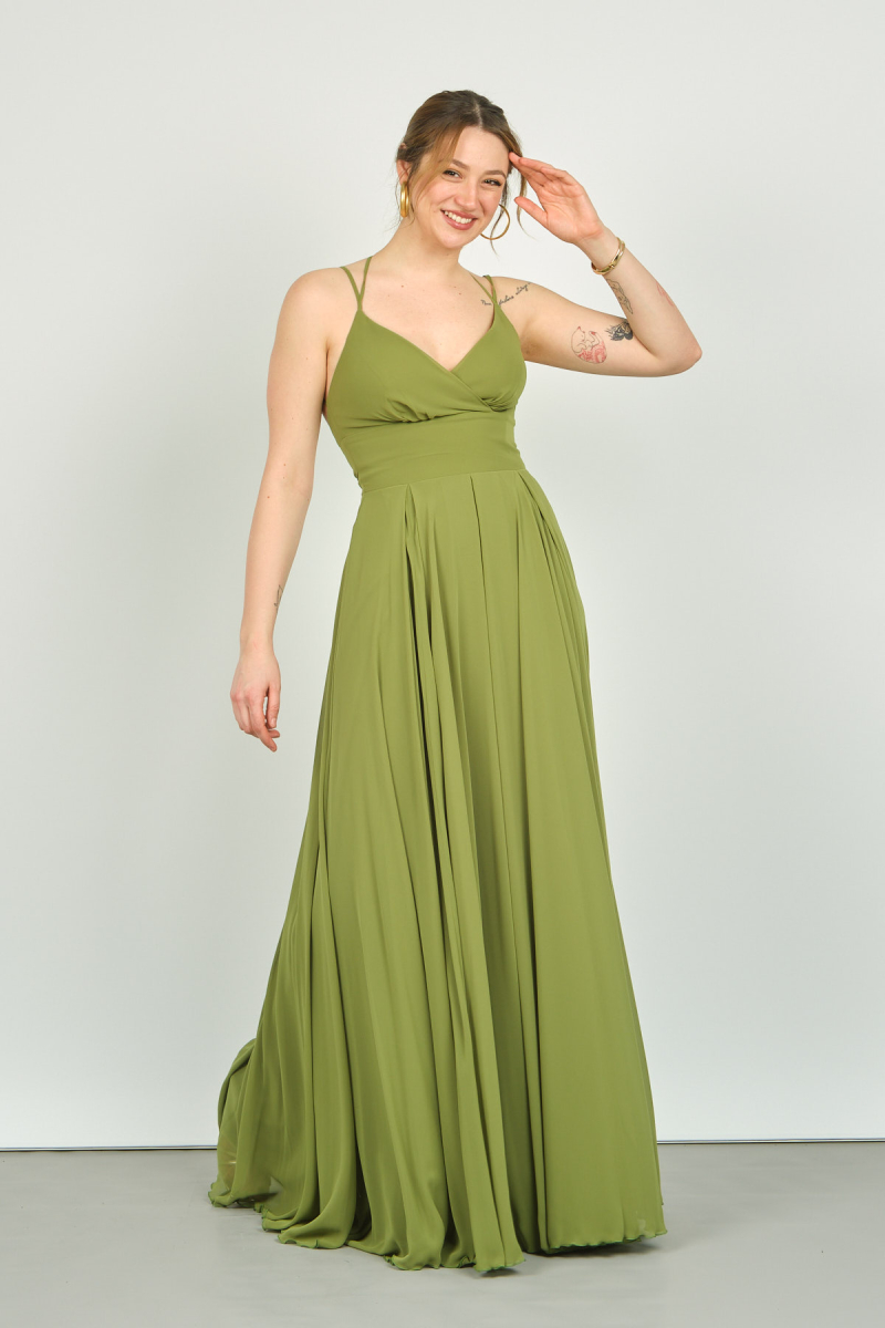 Doridorca Kadın İp Askılı Uzun Abiye Elbise 4115 Haki Haki