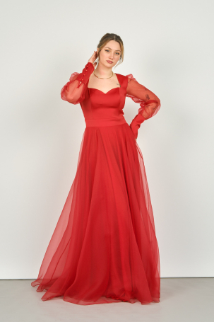 Doridorca Kadın Kalp Yaka Uzun Kollu Tül Abiye Elbise 3048 Kırmızı Kırmızı