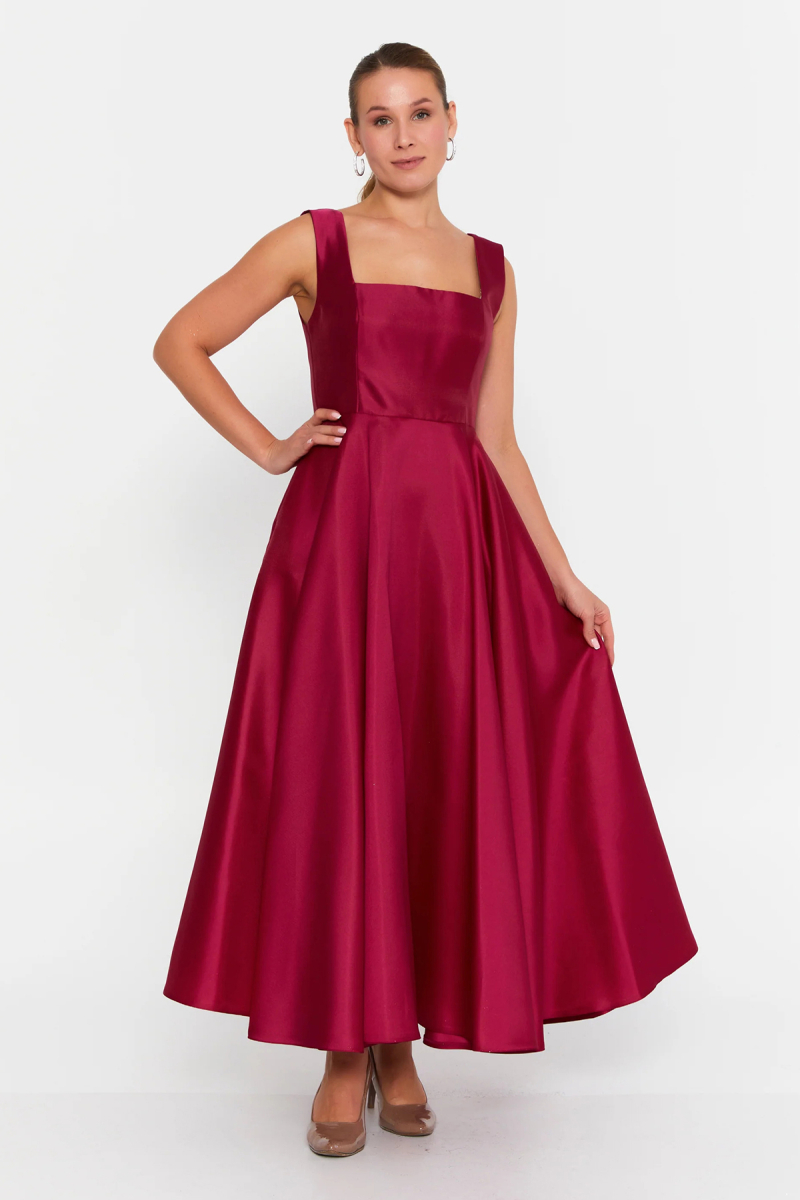 Doridorca Kadın Kare Yaka Kalın Askılı Bilek Boy Saten Abiye Elbise 6098 Vişne Vişne