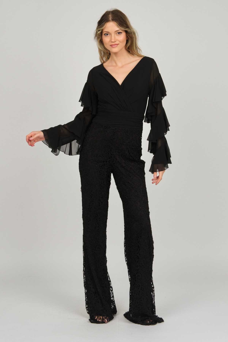 Doridorca Kadın Kolları Fırfırlı V Yaka Abiye Tulum 5921155 Siyah Siyah