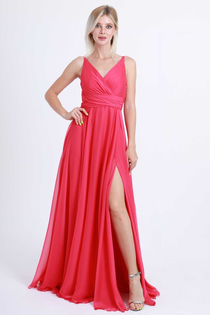 Doridorca Kadın Kruvaze Yaka Şifon Abiye Elbise 4078 Fuşya Fuşya