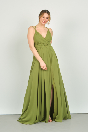 Doridorca Kadın Kruvaze Yaka Sırt Detaylı Uzun Abiye Elbise 2019 Yağ Yeşili YAĞ YEŞİLİ