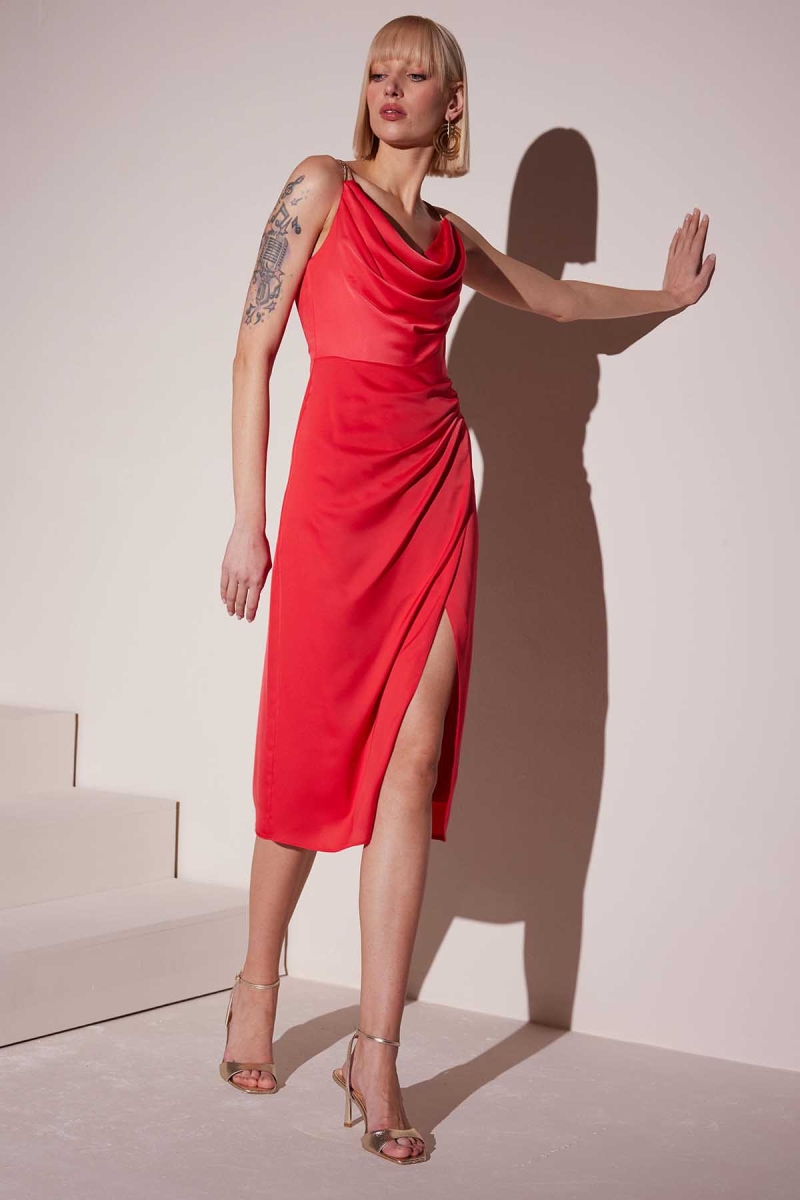 Doridorca Kadın Midi Boy Abiye Elbise 5026 Nar Nar