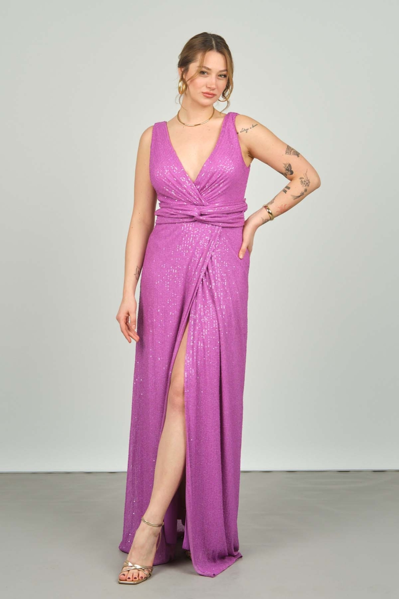 Doridorca Kadın Ön ve Arka V Yaka Pullu Derin Yırtmaçlı Uzun Abiye Elbise 5035 Erguvan ERGUVAN