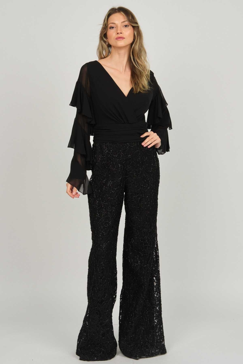 Doridorca Kadın Payetli Fırfır Detaylı Abiye Tulum 5921011 Siyah Siyah