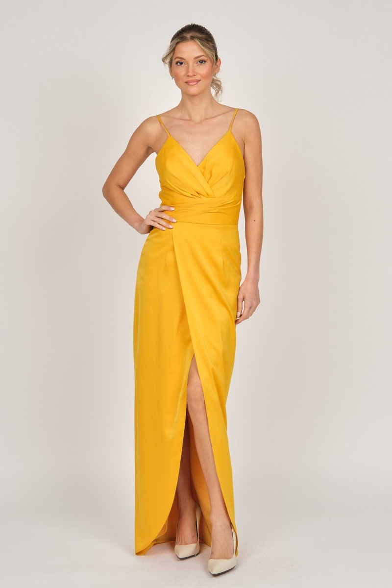 Doridorca Kadın Saten Uzun Abiye Elbise 5929211 Hardal Hardal