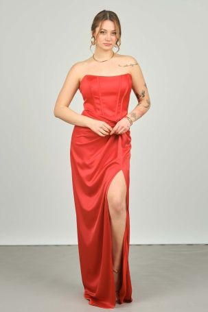 Doridorca Kadın Straplez Derin Yırtmaçlı Uzun Abiye Elbise 5062 Kırmızı Kırmızı