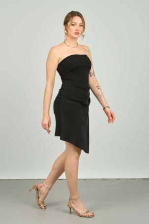 Doridorca Kadın Straplez Eteği Asimetrik Abiye Elbise 6011 Siyah Siyah