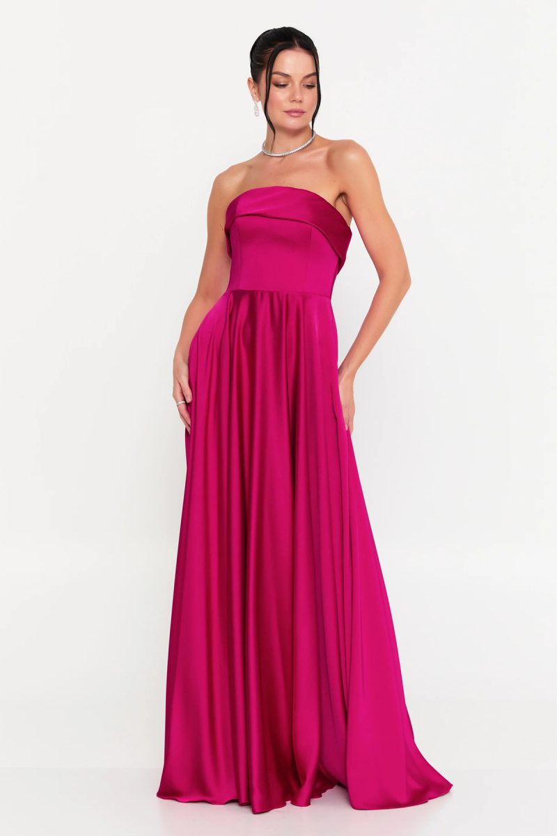 Doridorca Kadın Straplez Kloş Uzun Abiye Elbise 7102 Fuşya Fuşya