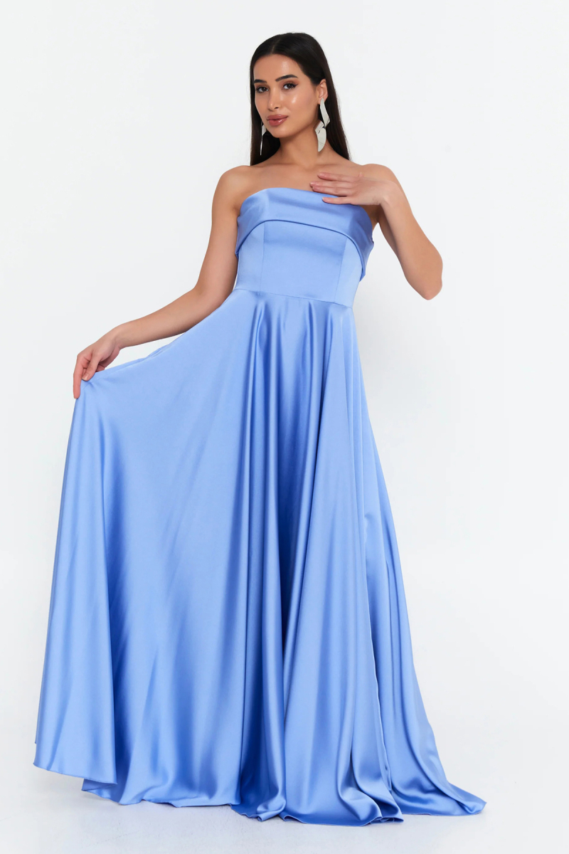 Doridorca Kadın Straplez Kloş Uzun Abiye Elbise 7102 Mavi Mavi