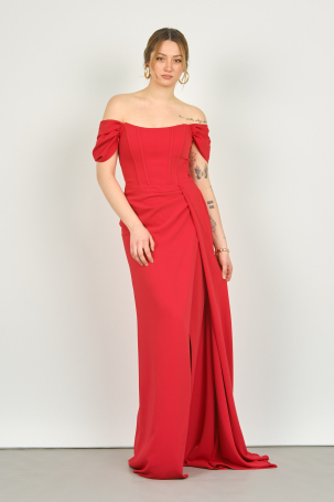 Doridorca Kadın Straplez Korseli Kol Detaylı Derin Yırtmaçlı Uzun Abiye Elbise 5136 Kırmızı Kırmızı