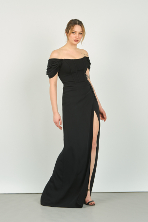 Doridorca Kadın Straplez Korseli Kol Detaylı Derin Yırtmaçlı Uzun Abiye Elbise 5136 Siyah Siyah