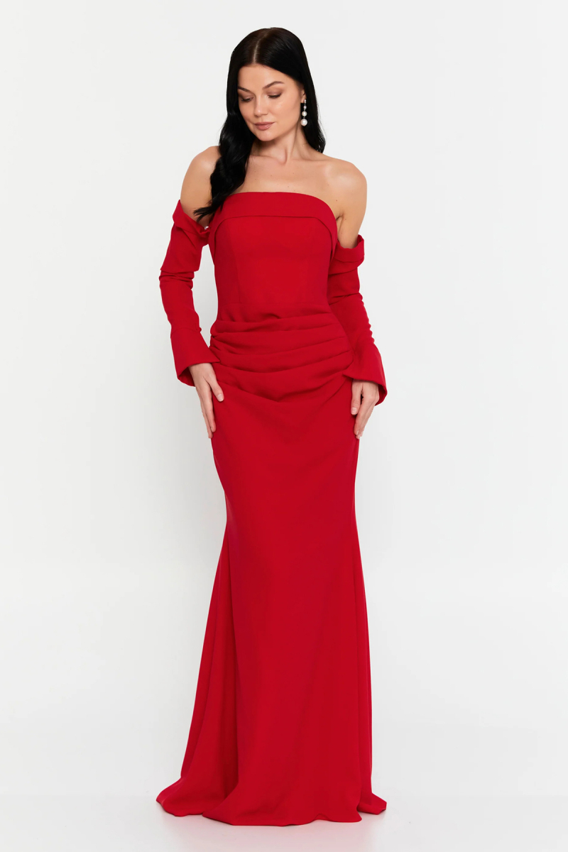 Doridorca Kadın Straplez Seyyar Eldivenli Uzun Abiye Elbise 7145 Kırmızı Kırmızı