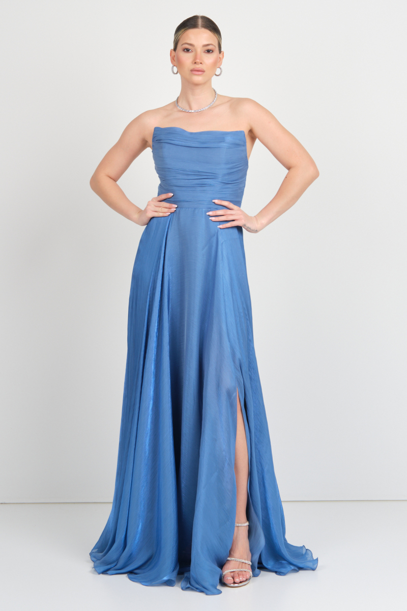 Doridorca Kadın Straplez Şifon Maxi Boy Abiye Elbise 7066 Indigo Indigo