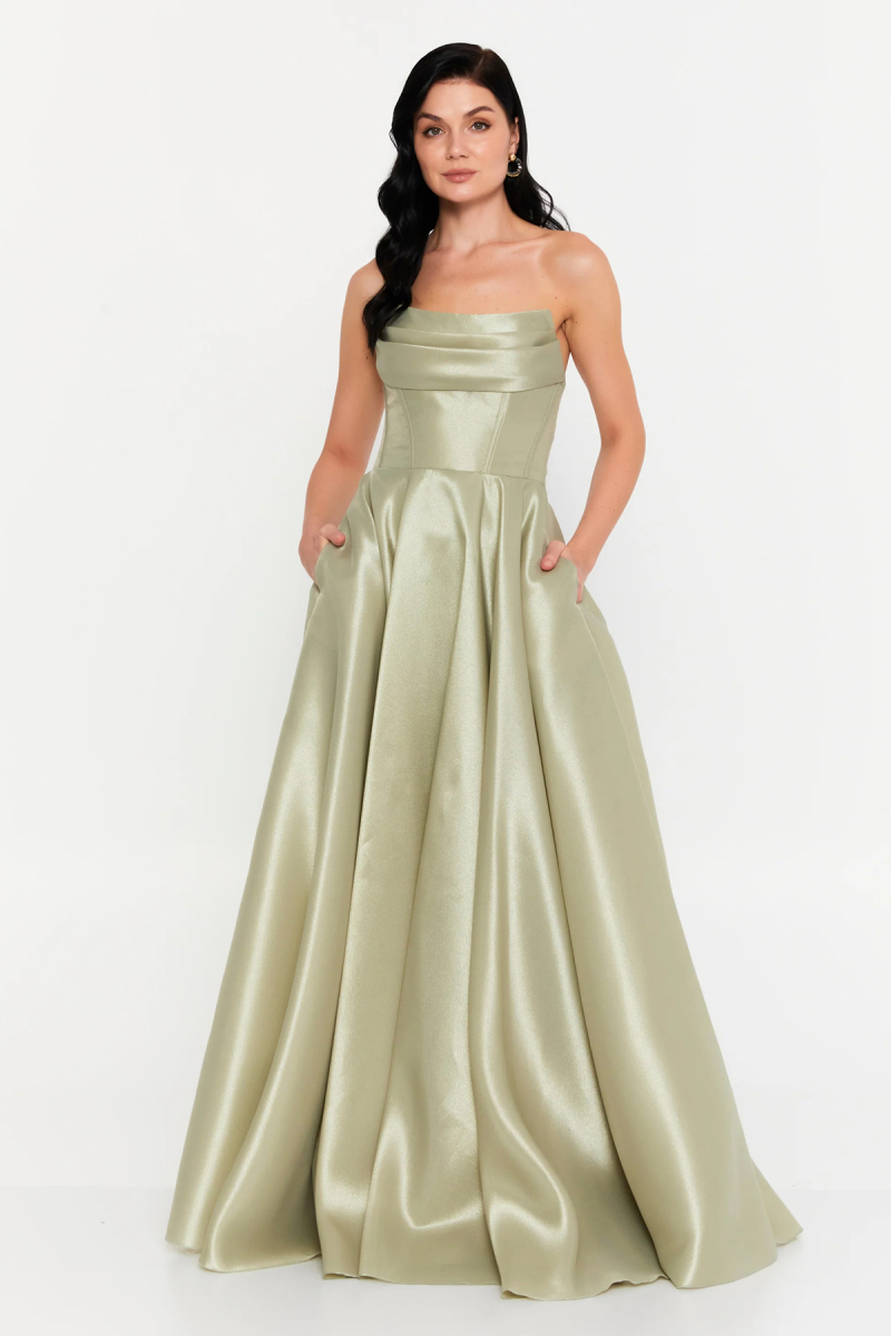 Doridorca Kadın Straplez Tafta Kumaş Uzun Abiye Elbise 7121 Çağla Çağla