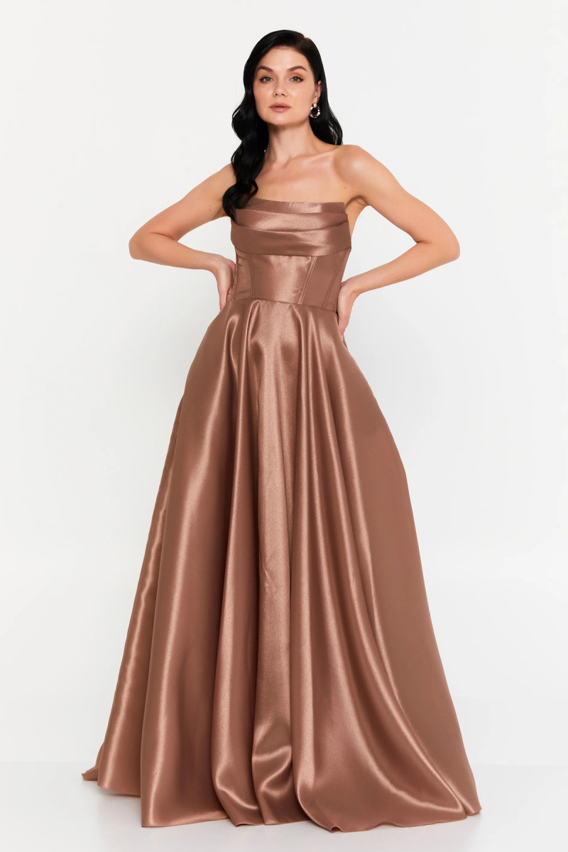 Doridorca Kadın Straplez Tafta Kumaş Uzun Abiye Elbise 7121 Mocha MOCHA