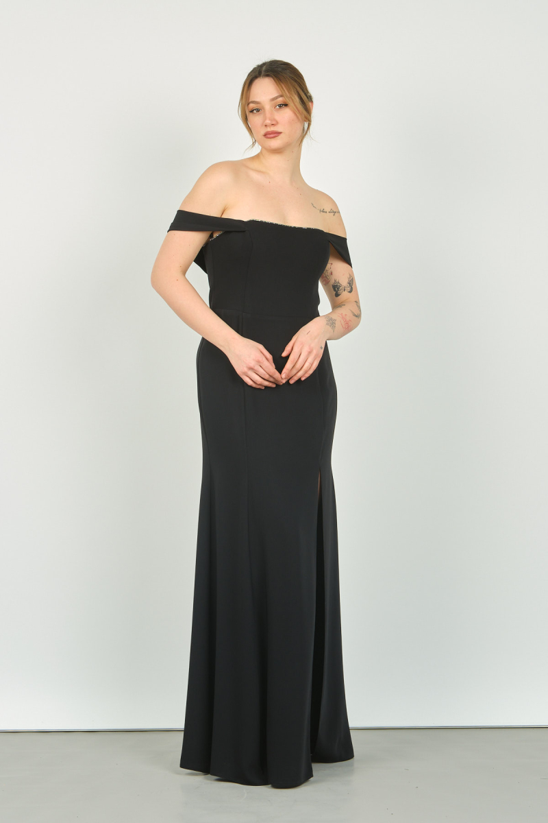 Doridorca Kadın Straplez Yaka Kol Bant Detaylı Uzun Abiye Elbise 5122 Siyah Siyah