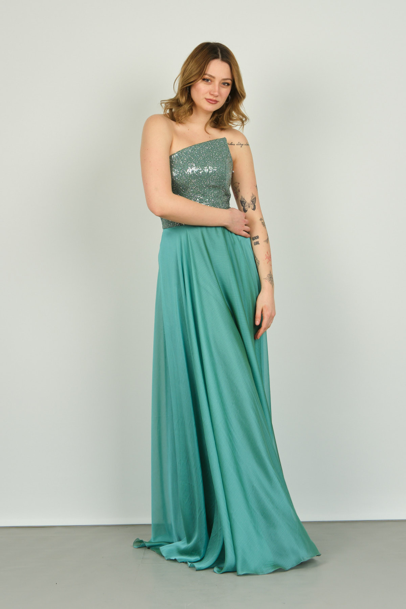 Doridorca Kadın Straplez Yaka Üst Payet Alt Saten Yüzeyli Şifon Abiye Elbise 5091 Mint Mint