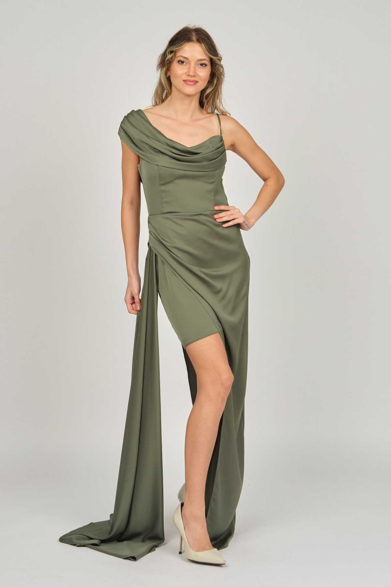 Doridorca Kadın Tek Omuz Detaylı Abiye Elbise 5924030 Haki Haki