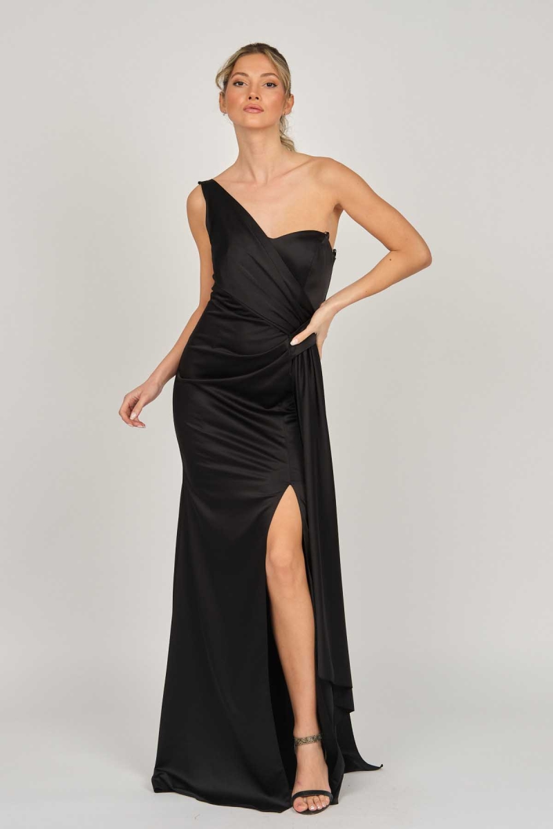 Doridorca Kadın Tek Omuz Saten Abiye Elbise 5921044 Siyah Siyah